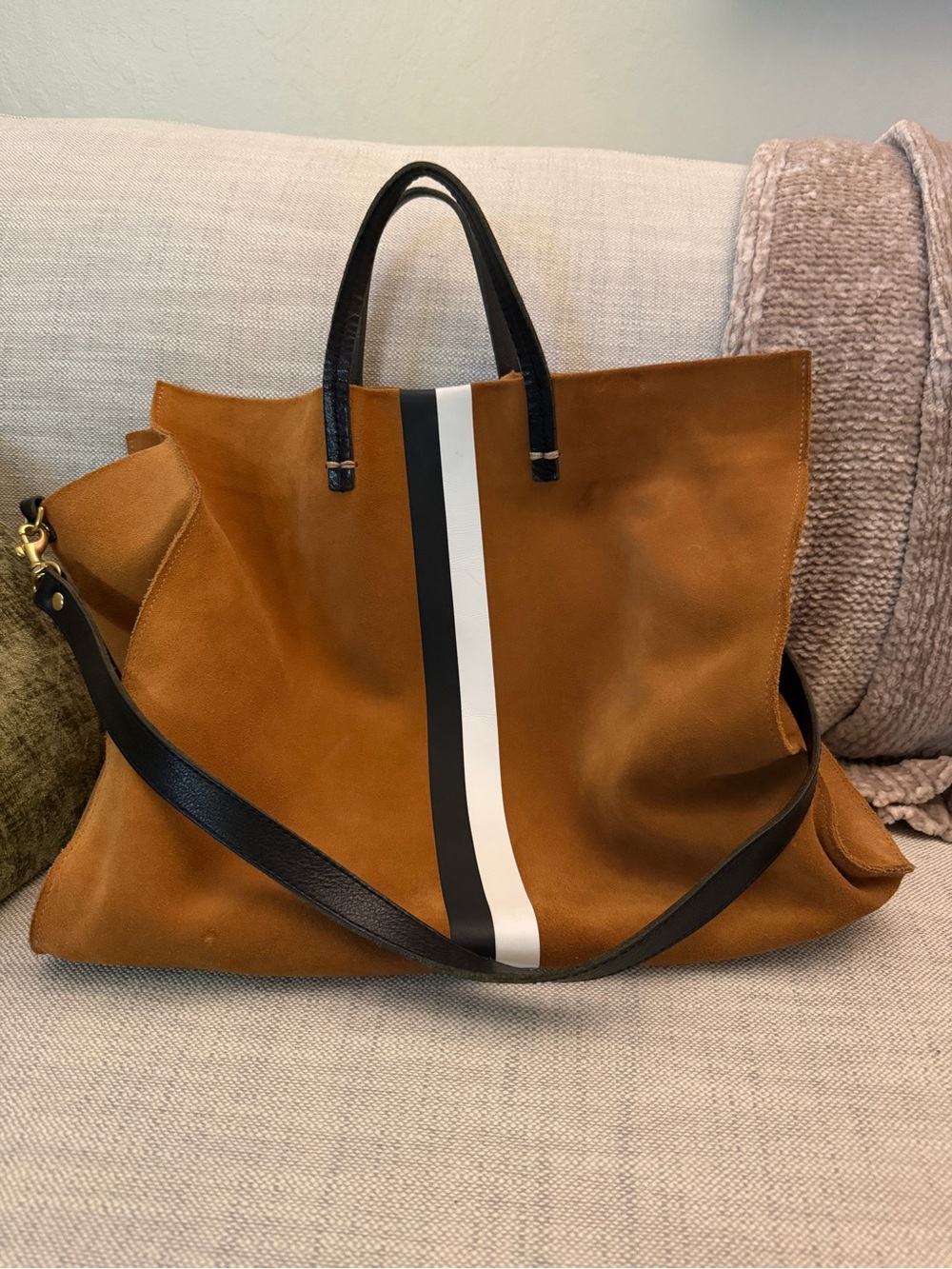 Clare V Simple Tote in suede with classic black and white stripe